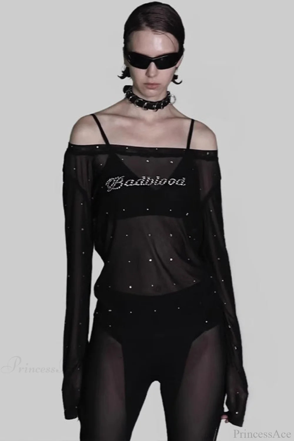 Sexy Rhinestone Embellished Off-the-Shoulder Tulle Blouse Black / XS