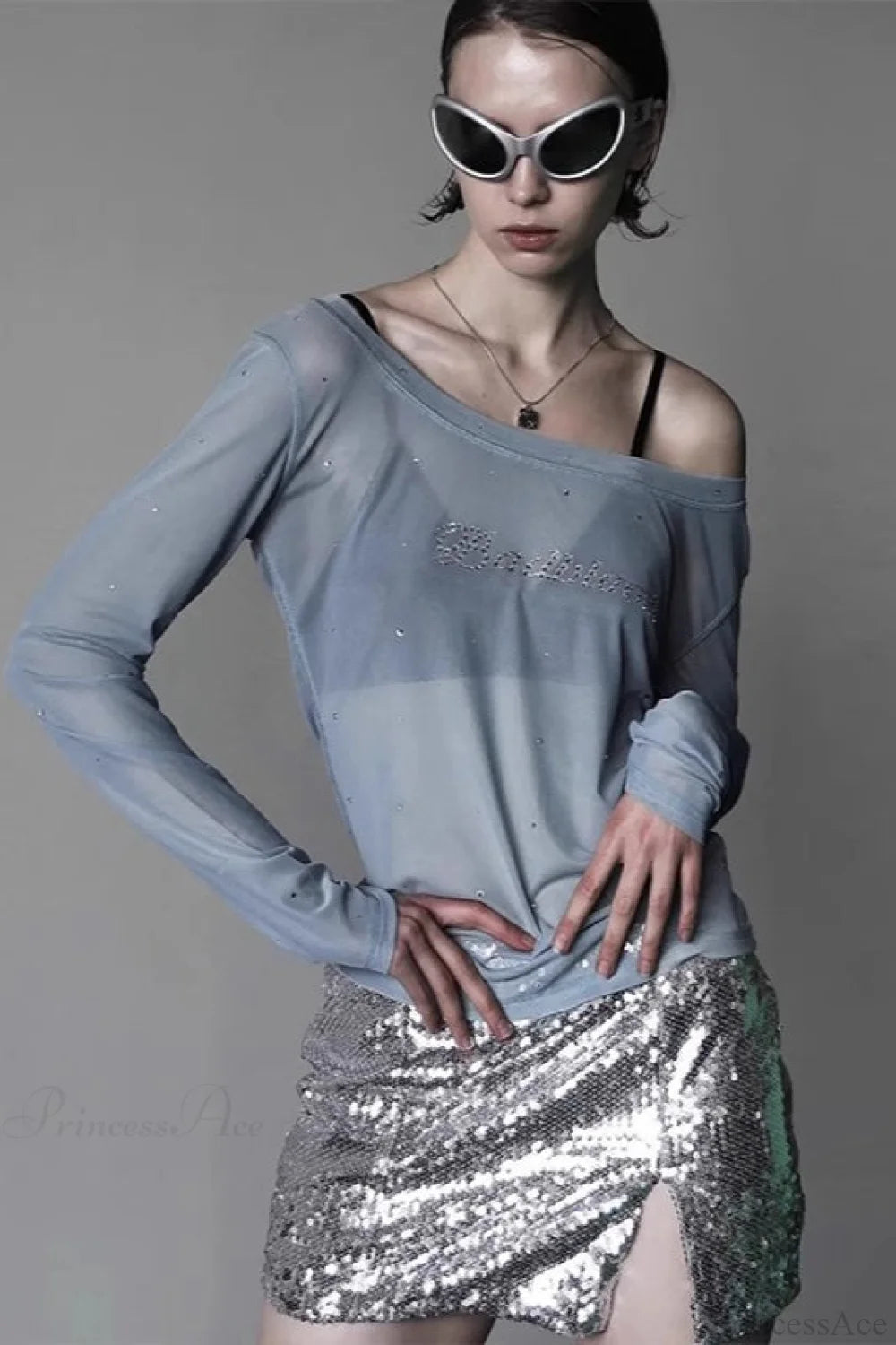 Sexy Rhinestone Embellished Off-the-Shoulder Tulle Blouse Blue / XS