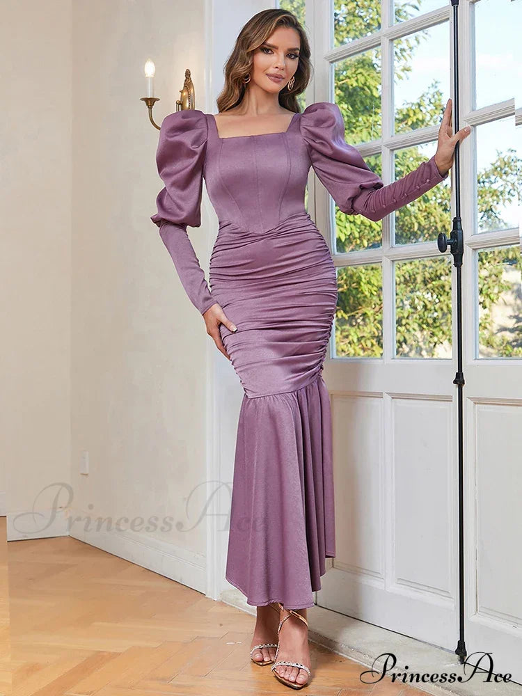 Sexy Ruffle Sleeves Square Collar Folds Purple Long Elegant Christmas Party Dress Dresses-L