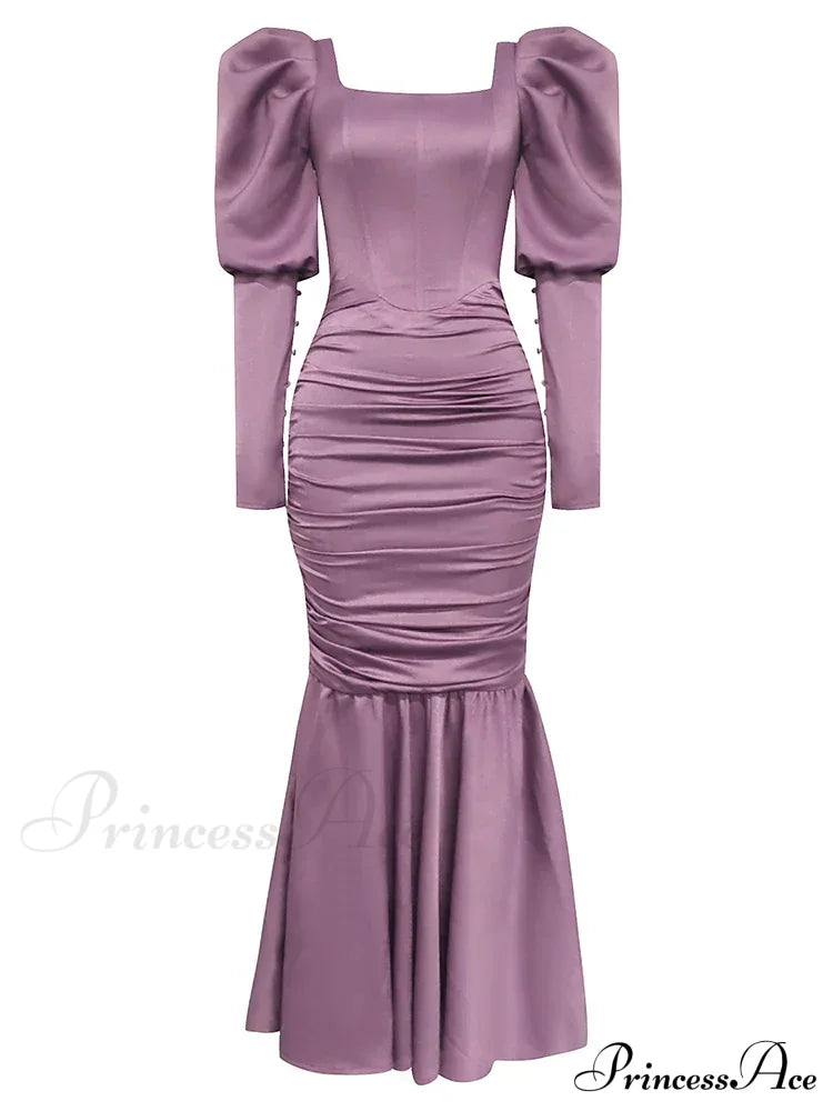 Sexy Ruffle Sleeves Square Collar Folds Purple Long Elegant Christmas Party Dress Dresses-L