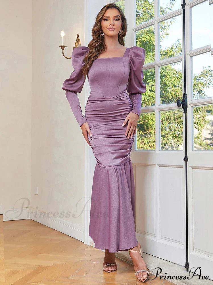 Sexy Ruffle Sleeves Square Collar Folds Purple Long Elegant Christmas Party Dress Dresses-L