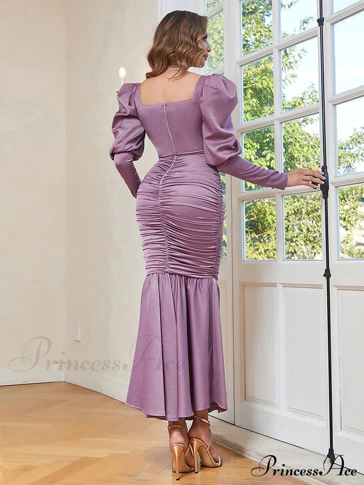 Sexy Ruffle Sleeves Square Collar Folds Purple Long Elegant Christmas Party Dress Dresses-L