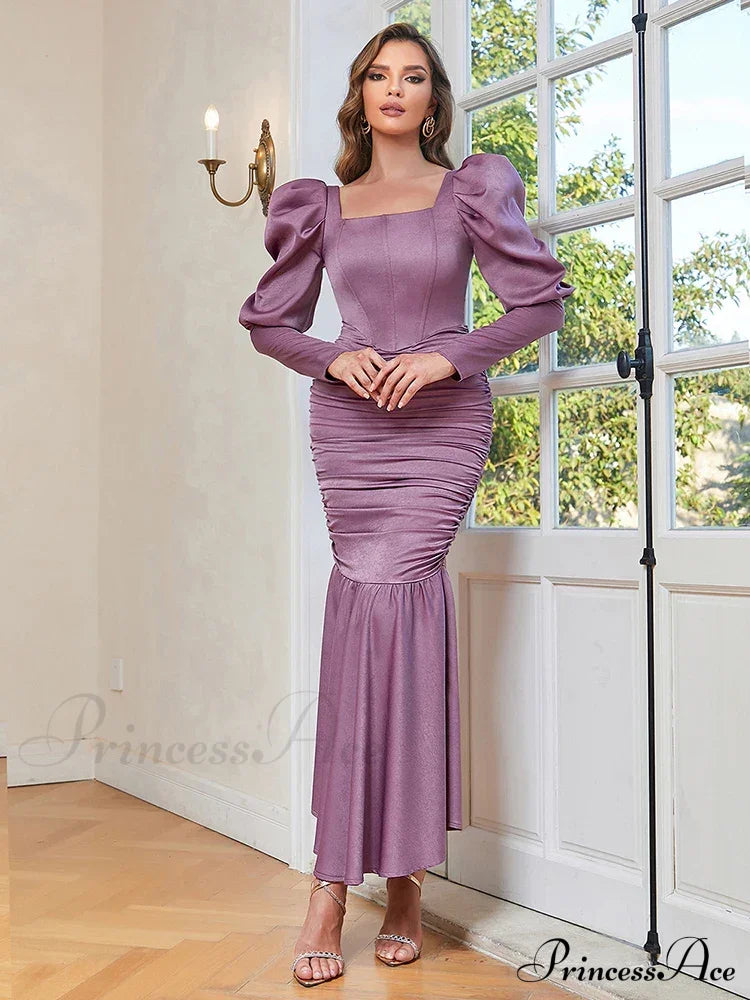 Sexy Ruffle Sleeves Square Collar Folds Purple Long Elegant Christmas Party Dress Dresses-L