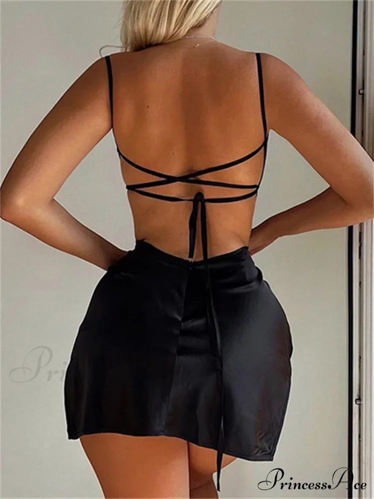 Sexy Satin Sleeveless Strap Summer Solid Bandage Backless Mini Dress