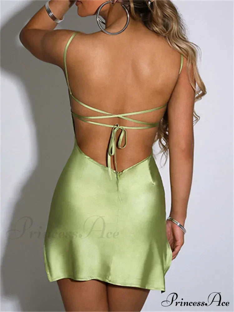 Sexy Satin Sleeveless Strap Summer Solid Bandage Backless Mini Dress Green / S