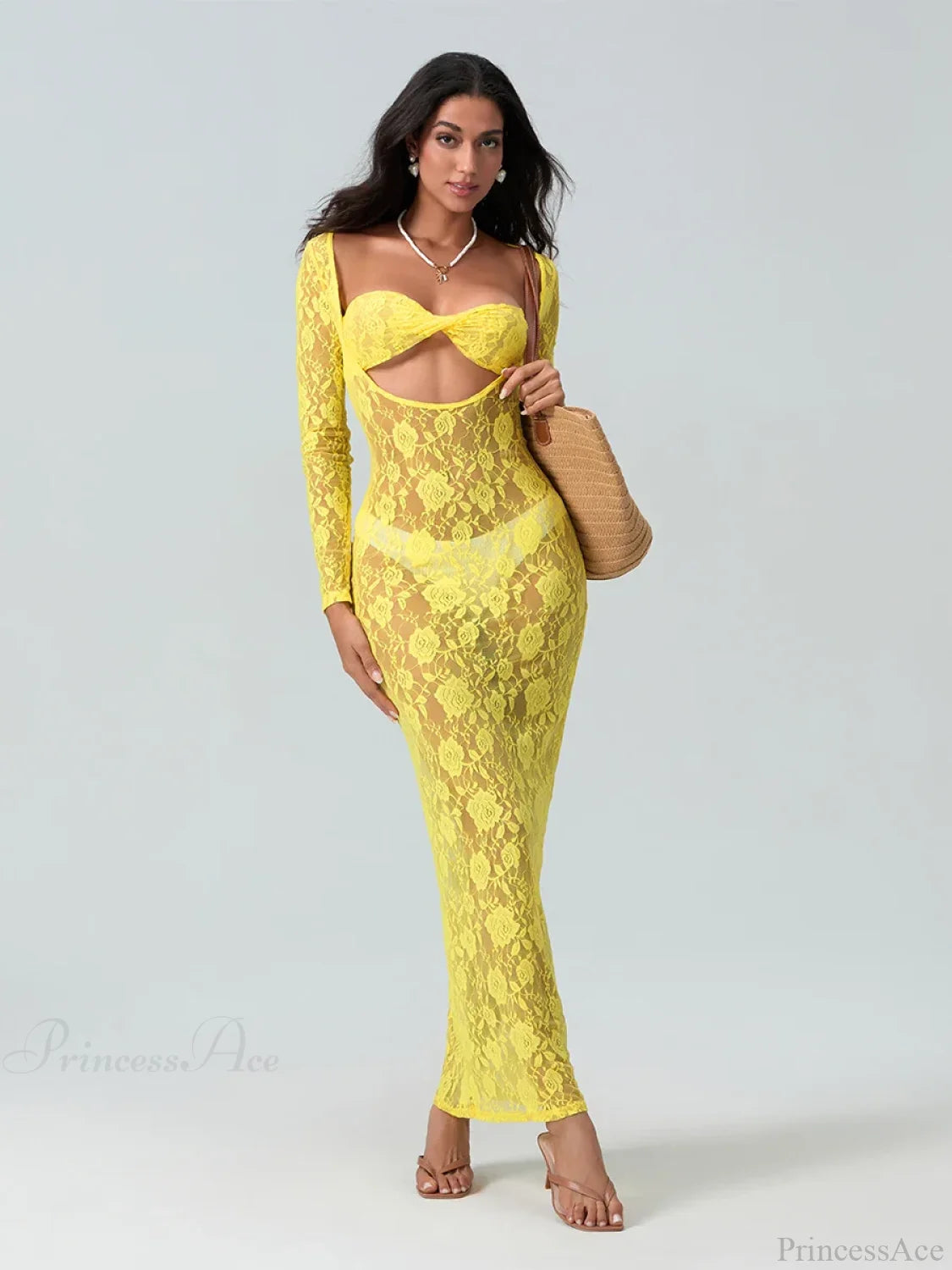 Sexy See-Through Lace Sheer Long Sleeve Beach Floral Dress Yellow / S floraldress-250126