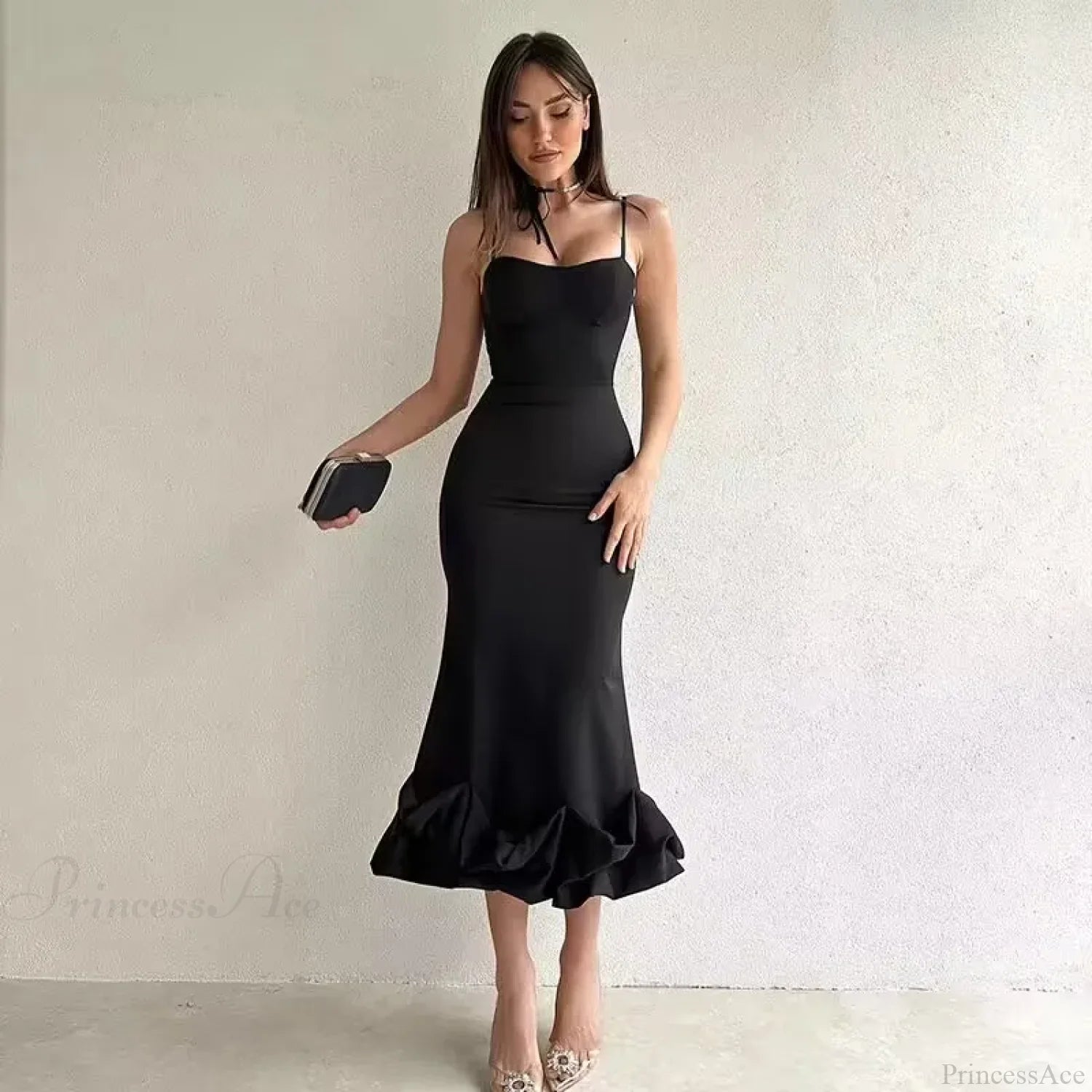 Sexy Slanted One Shoulder Modern Slim Chain Floral Maxi Dress Black / S