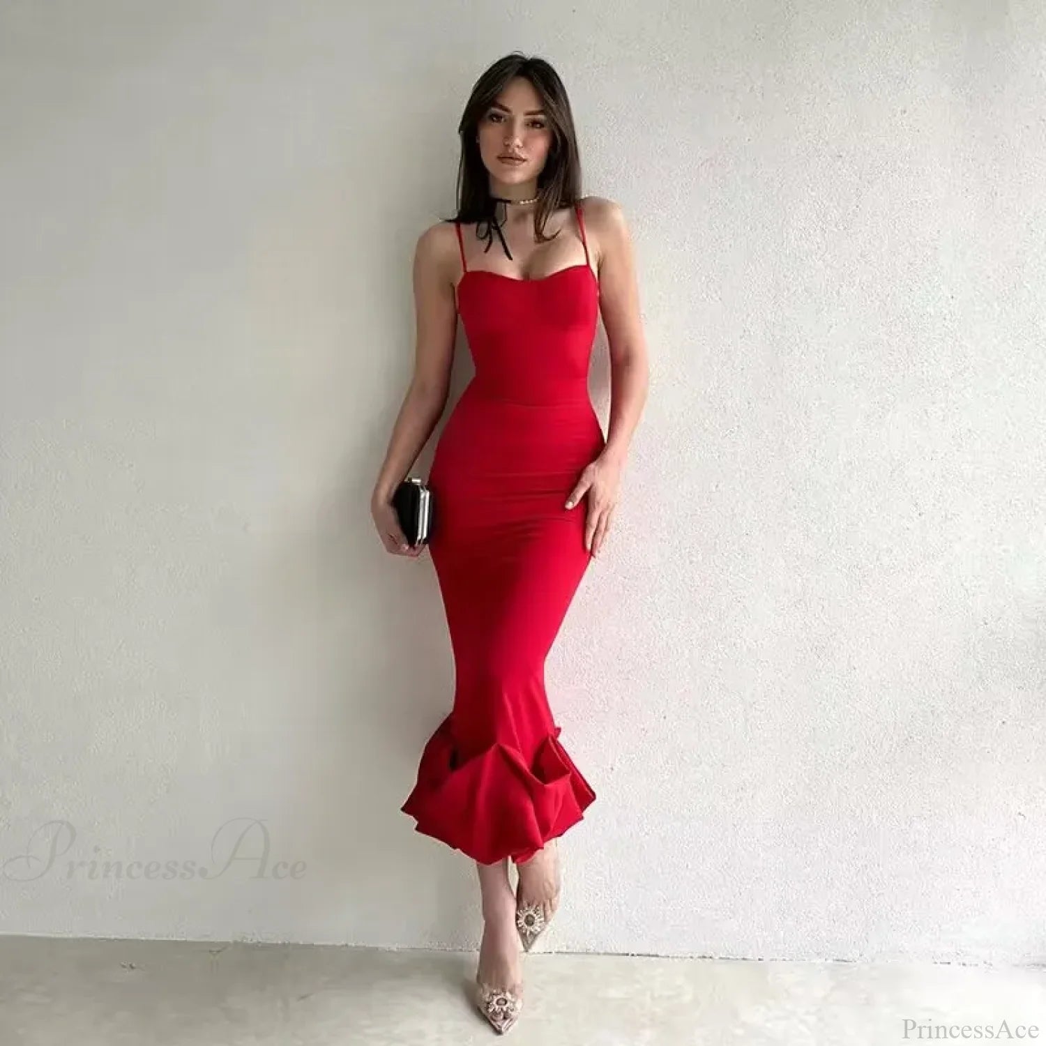 Sexy Slanted One Shoulder Modern Slim Chain Floral Maxi Dress Red / L