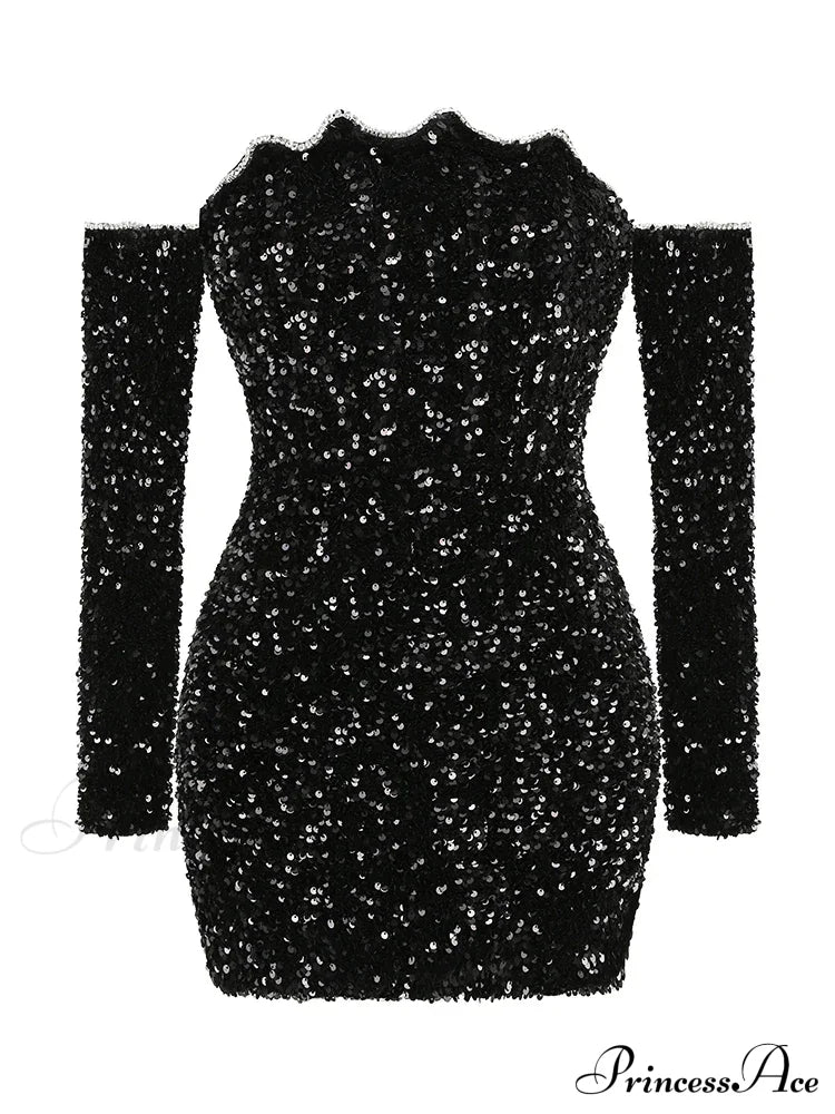 Sexy Slash Neck Long Sleeve Sparkling Sequins Dress Off Shoulder Christmas Party Black / S Dresses-L