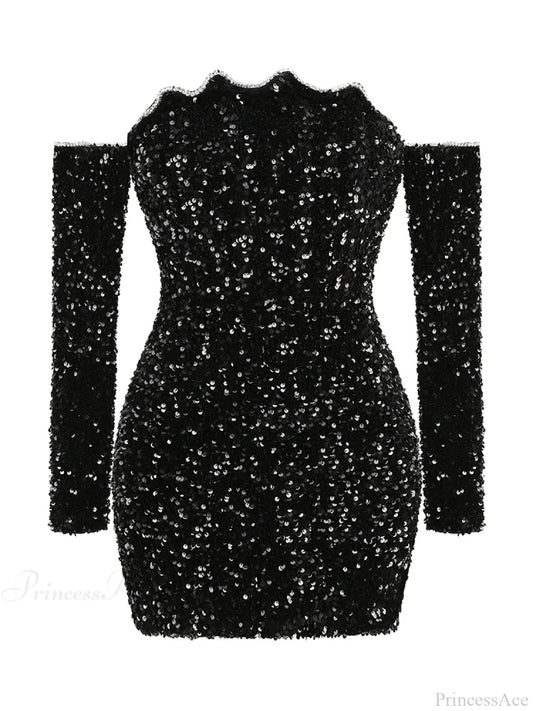 Sexy Slash Neck Long Sleeve Sparkling Sequins Dress Off Shoulder Christmas Party Black / S Dresses-L