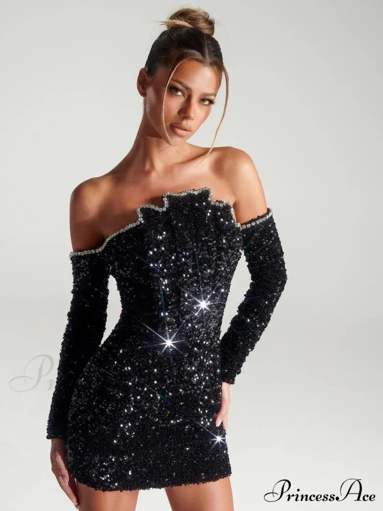 Sexy Slash Neck Long Sleeve Sparkling Sequins Dress Off Shoulder Christmas Party Dresses-L