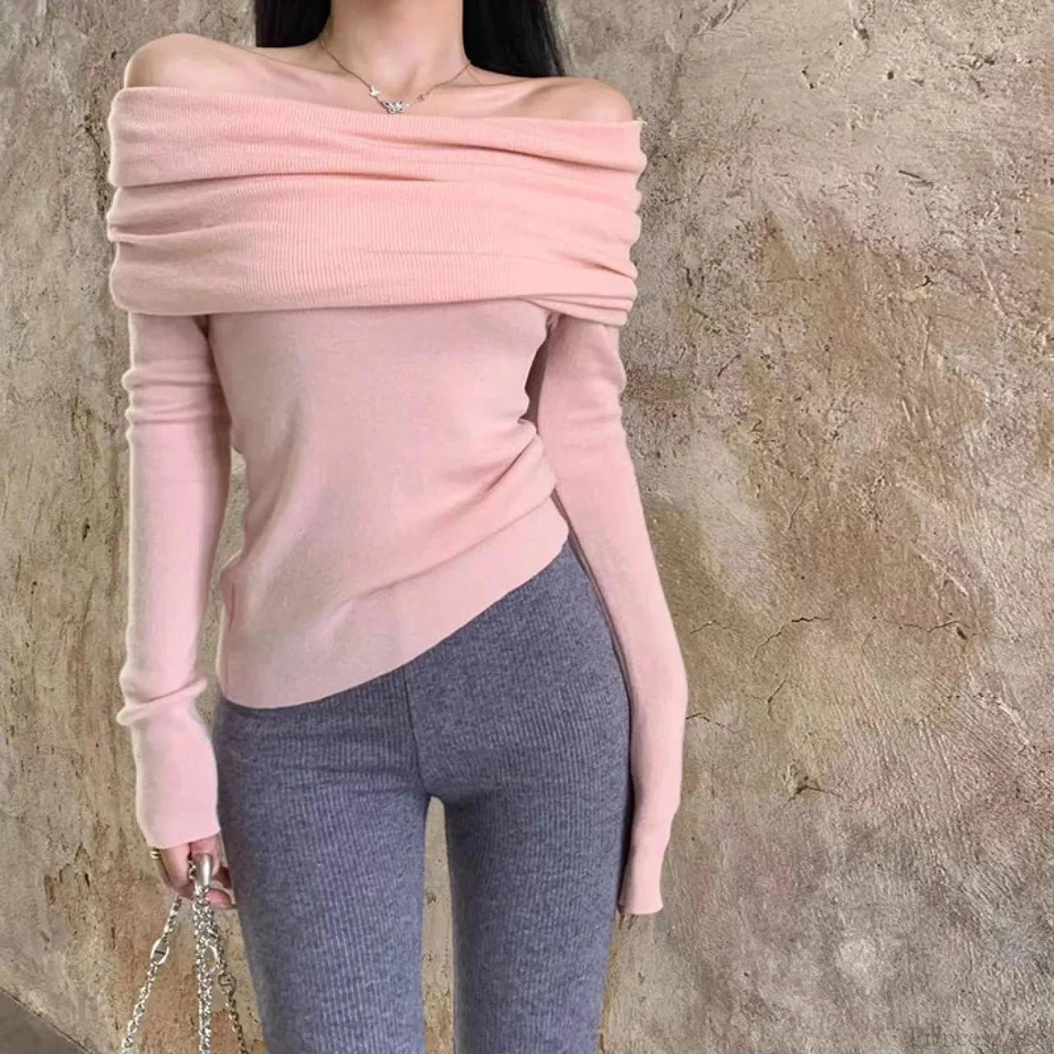 Sexy Slash Neck Pleated Knitted Sweater Pink / S