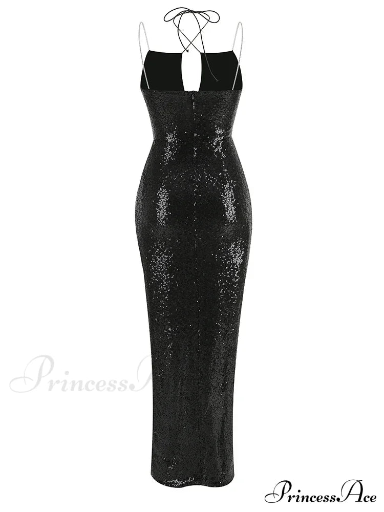 Sexy Sleeveless Cut Out Black Sequins Elegant Backless High Slit Christmas Party Dress Dresses-L