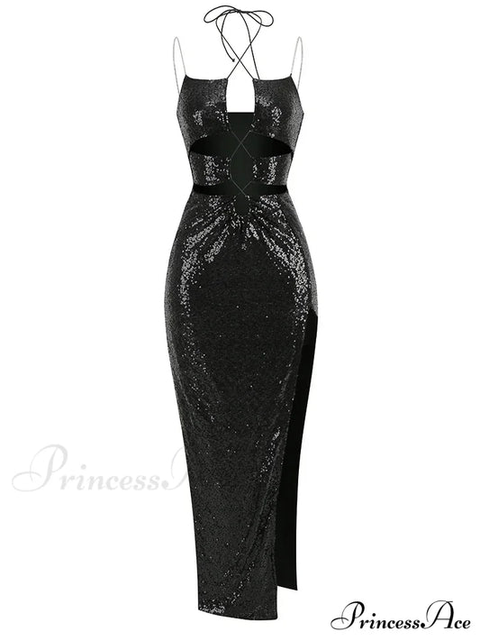 Sexy Sleeveless Cut Out Black Sequins Elegant Backless High Slit Christmas Party Dress / S Dresses-L