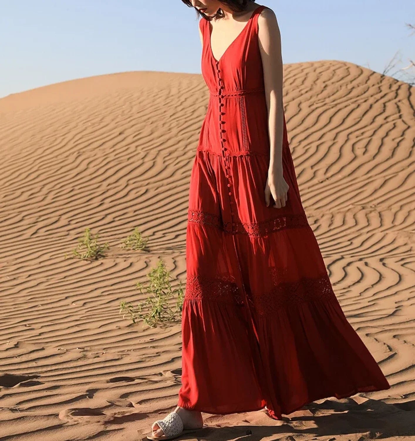 Sexy Sleeveless Deep V-neck Tank Maxi Dress Cotton Long Summer Dress Red / S bohodress-250126