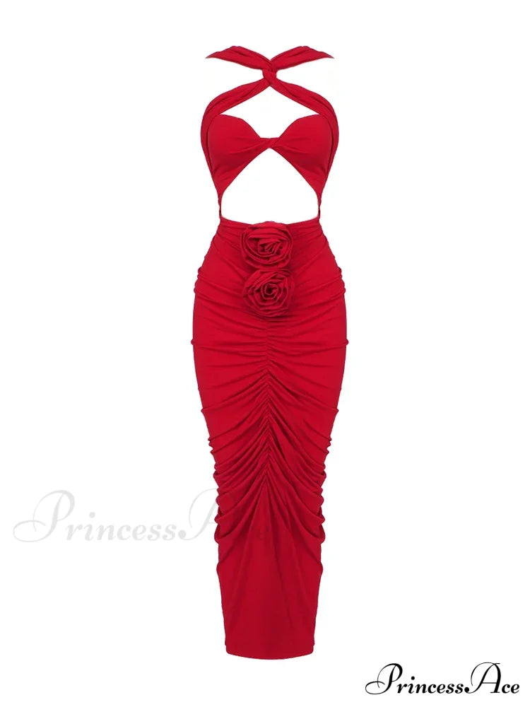 Sexy Sleeveless Flower Design Bodycon Midi Dress Cross Sling Cut Out Christmas Party Red / S