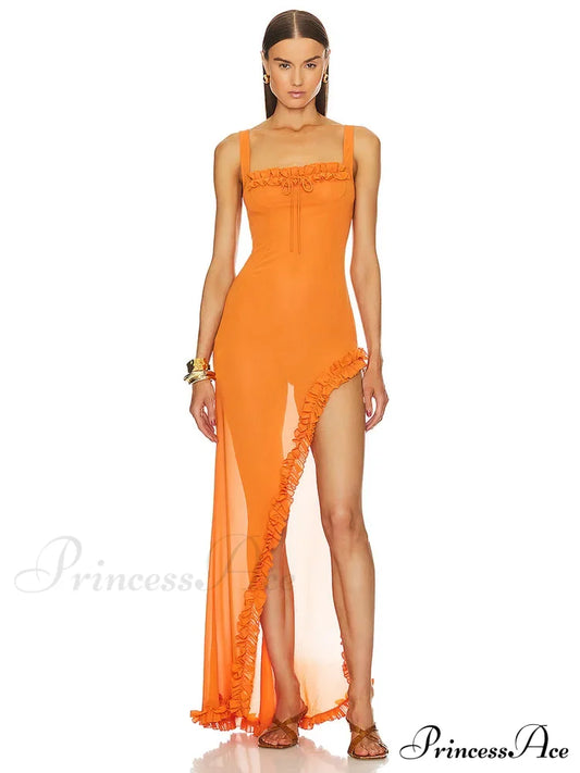 Sexy Sleeveless Square Mesh Perspective Ruffle Long Orange Sheer Irregular Christmas Party Dress /