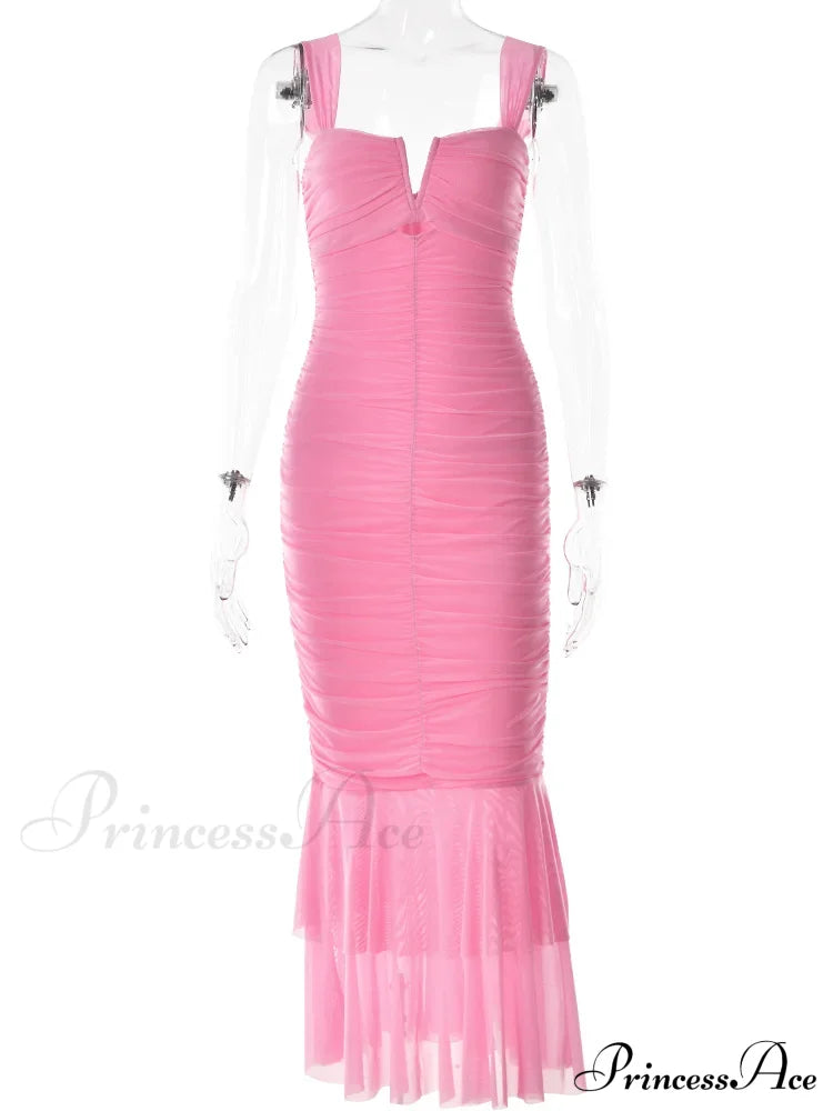 Sexy Sleeveless Strap Evening For Women Low Cut Ruched Bodycon Elegant Mermaid Party Vestidos Pink