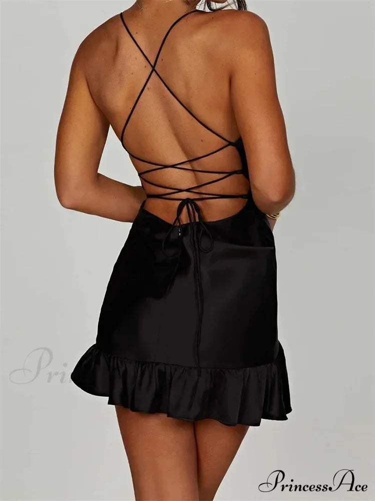 Sexy Sleeveless Strap Satin Backless Ruffles Hem Mini Dress