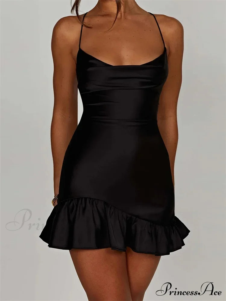 Sexy Sleeveless Strap Satin Backless Ruffles Hem Mini Dress Black / S