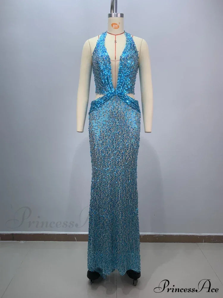 Sexy Sling Deep V-Neck Sequins Long Dress Hollow Out Slim Christmas Party Blue / S Dresses-L