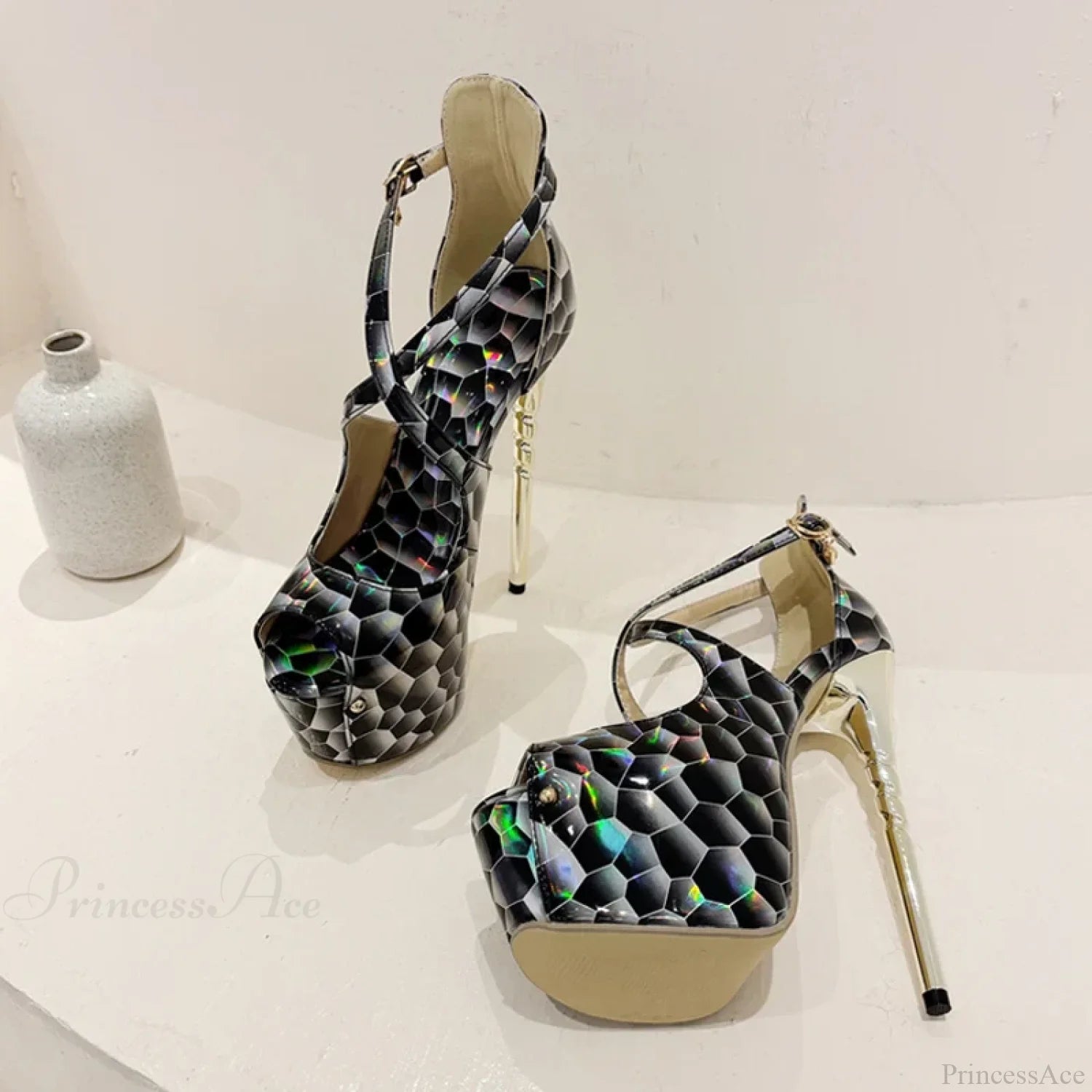Sexy Snake-Print Platform Buckle-Strap Peep-Toe 17Cm Banquet Ladies High Heel
