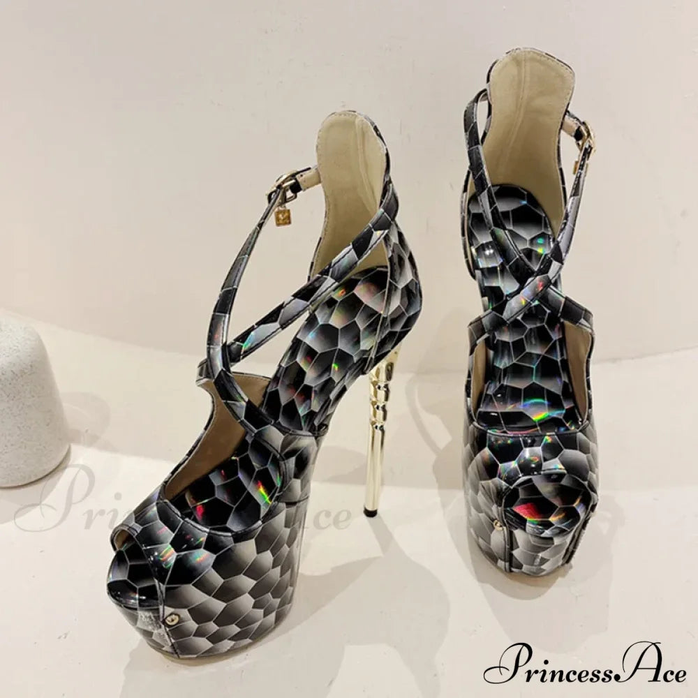 Sexy Snake-Print Platform Buckle-Strap Peep-Toe 17Cm Banquet Ladies High Heel