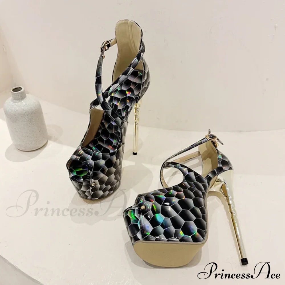 Sexy Snake-Print Platform Buckle-Strap Peep-Toe 17Cm Banquet Ladies High Heel