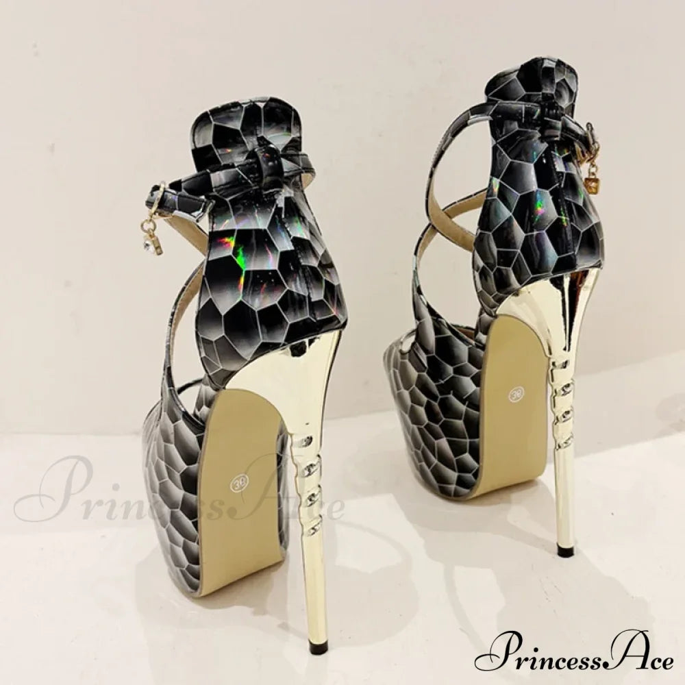 Sexy Snake-Print Platform Buckle-Strap Peep-Toe 17Cm Banquet Ladies High Heel