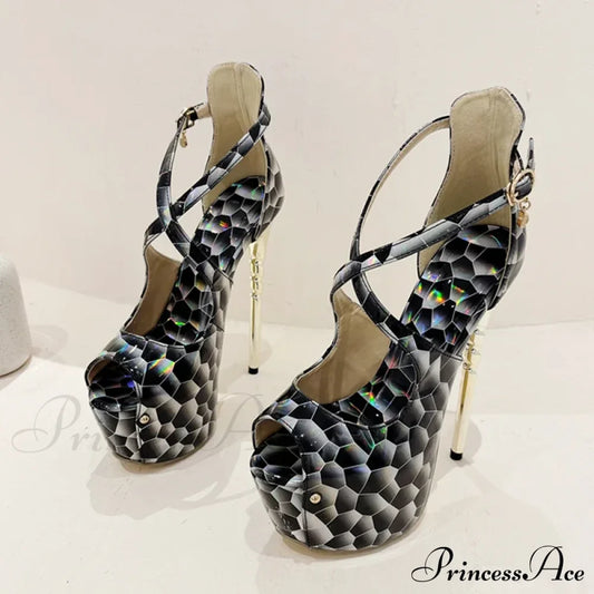 Sexy Snake-Print Platform Buckle-Strap Peep-Toe 17Cm Banquet Ladies High Heel Black / 35