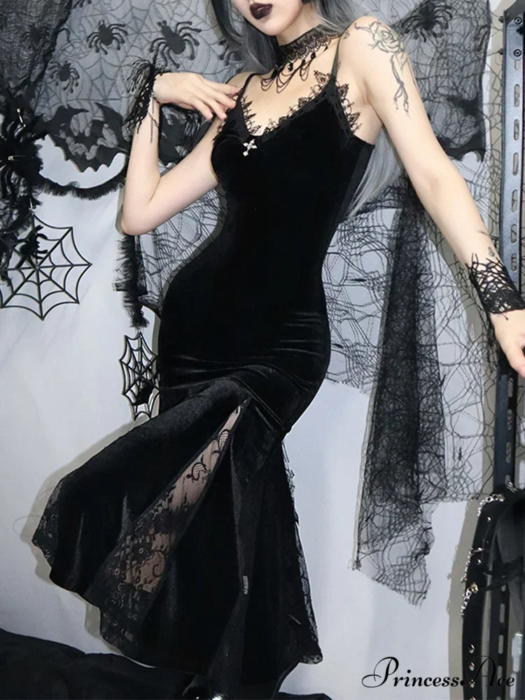 Sexy Spaghetti Strap Backless Velvet Gothic Cross Black Lace Patchwork Maxi Dress Halloween