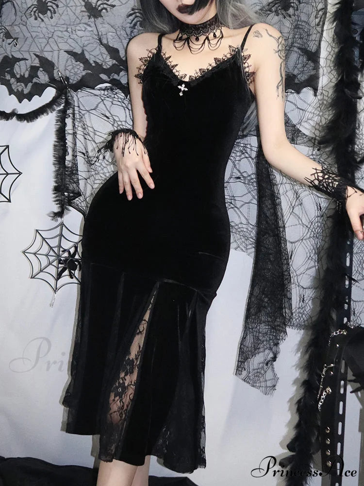 Sexy Spaghetti Strap Backless Velvet Gothic Cross Black Lace Patchwork Maxi Dress Halloween