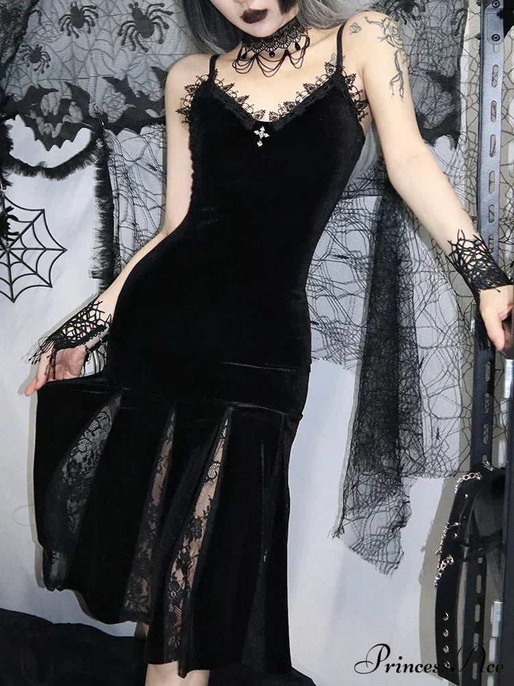 Sexy Spaghetti Strap Backless Velvet Gothic Cross Black Lace Patchwork Maxi Dress Halloween