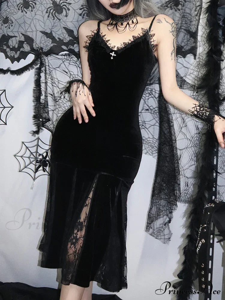 Sexy Spaghetti Strap Backless Velvet Gothic Cross Black Lace Patchwork Maxi Dress / S Halloween