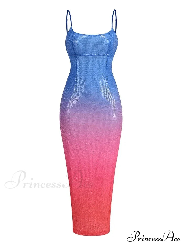 Sexy Spaghetti Strap Gradient Sequins Long Dress Sleeveless Colorful Christmas Party Blue Pink / S