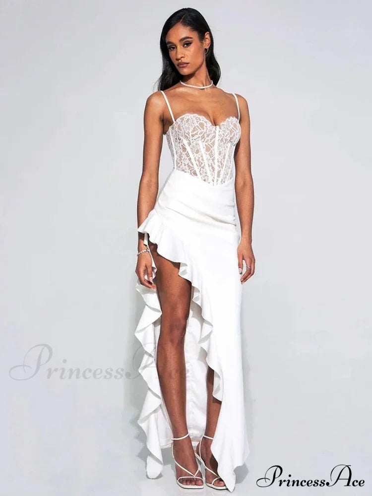 Sexy Spaghetti Strap Lace Patchwork Long Dress Sleeveless Ruffles Christmas Party Dresses-L