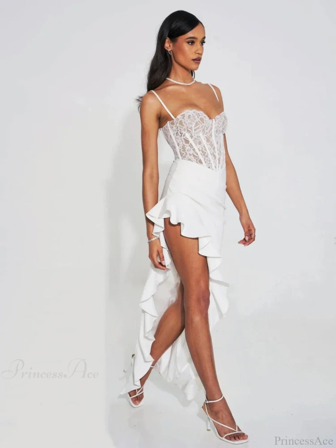 Sexy Spaghetti Strap Lace Patchwork Long Dress Sleeveless Ruffles Christmas Party Dresses-L