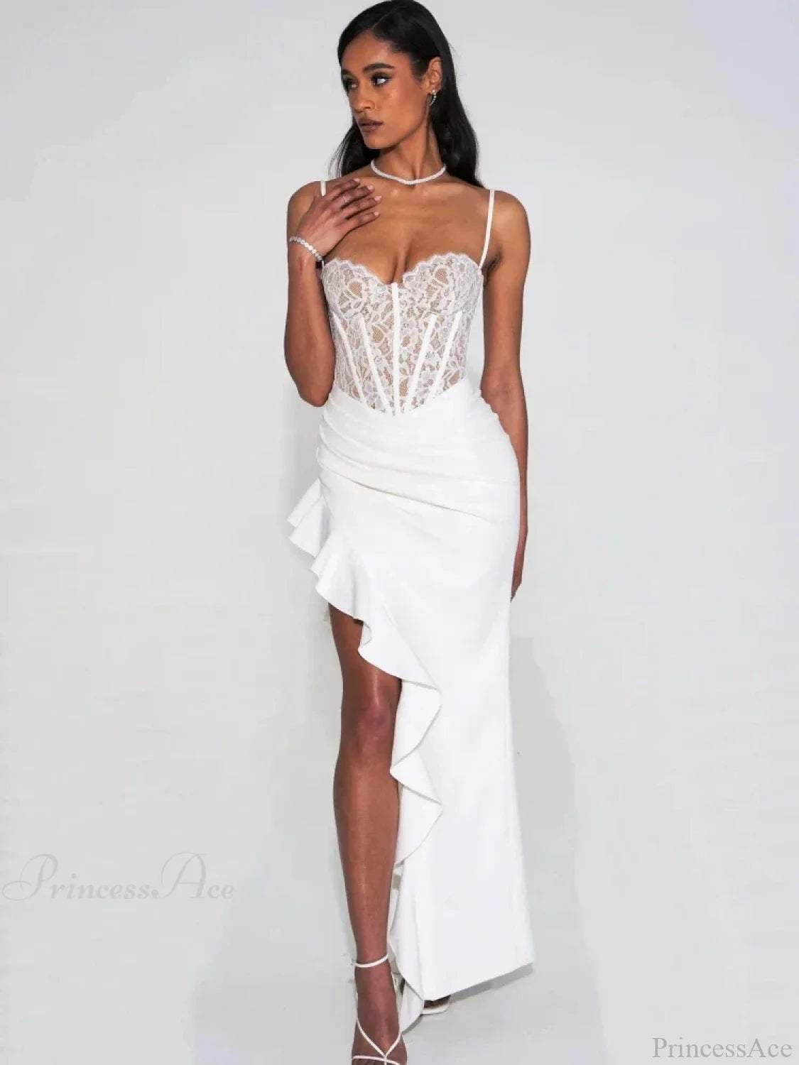 Sexy Spaghetti Strap Lace Patchwork Long Dress Sleeveless Ruffles Christmas Party White / S