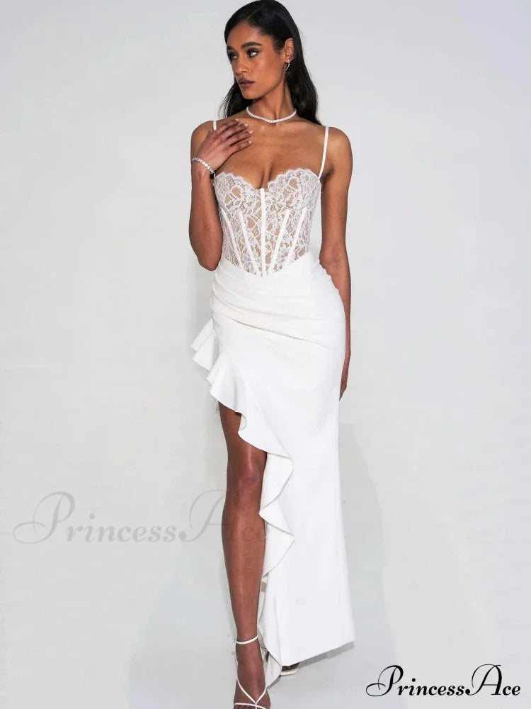 Sexy Spaghetti Strap Lace Patchwork Long Dress Sleeveless Ruffles Christmas Party White / S