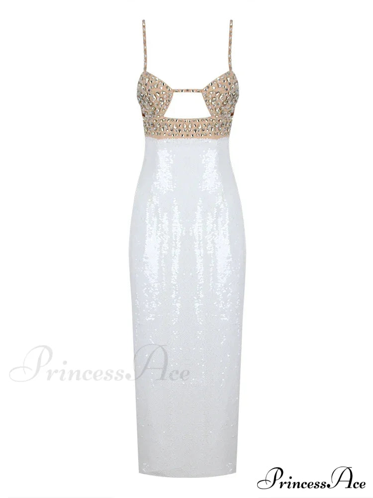 Sexy Spaghetti Strap Luxury Diamond Sequin Dress White Backless Midi Christmas Party White / S