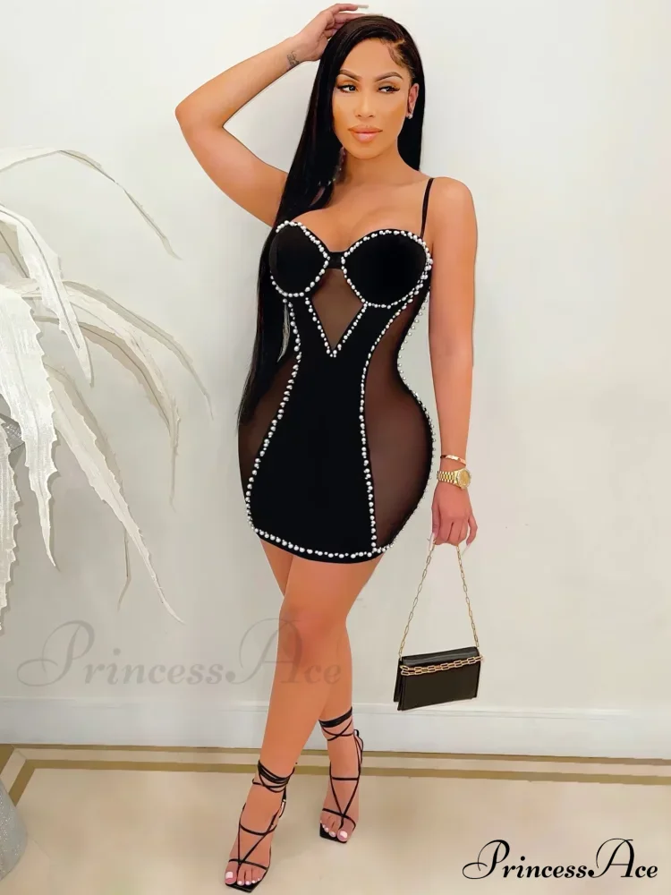 Sexy Spaghetti Strap Mesh Patchwork Pearl Mini Black Sleeveless Christmas Party Dress Dresses-L