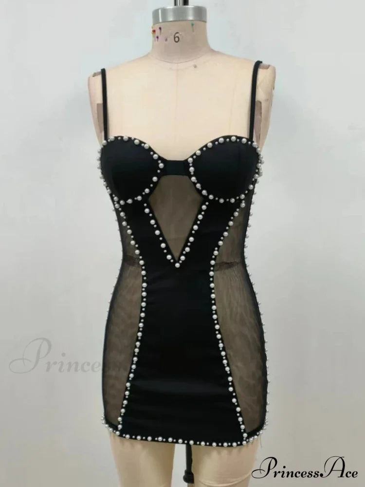 Sexy Spaghetti Strap Mesh Patchwork Pearl Mini Black Sleeveless Christmas Party Dress / Xs Dresses-L