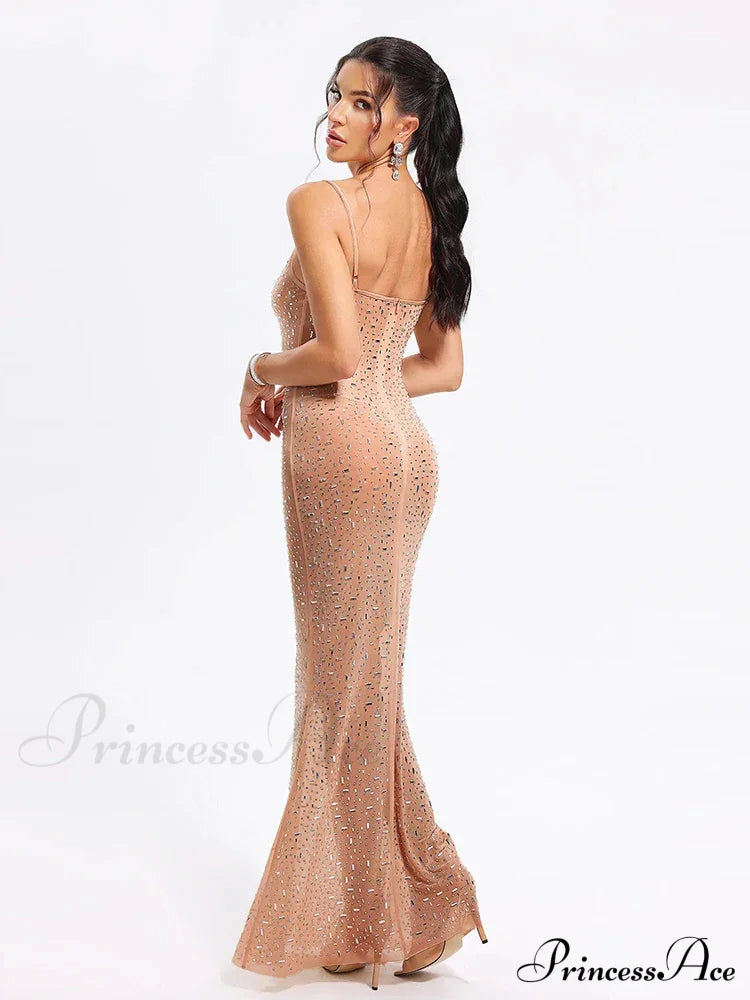 Sexy Spaghetti Strap Perspective Luxury Diamond Sleeveless See Through Christmas Party Dress