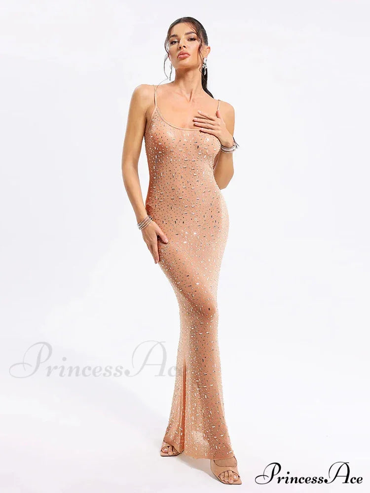 Sexy Spaghetti Strap Perspective Luxury Diamond Sleeveless See Through Christmas Party Dress