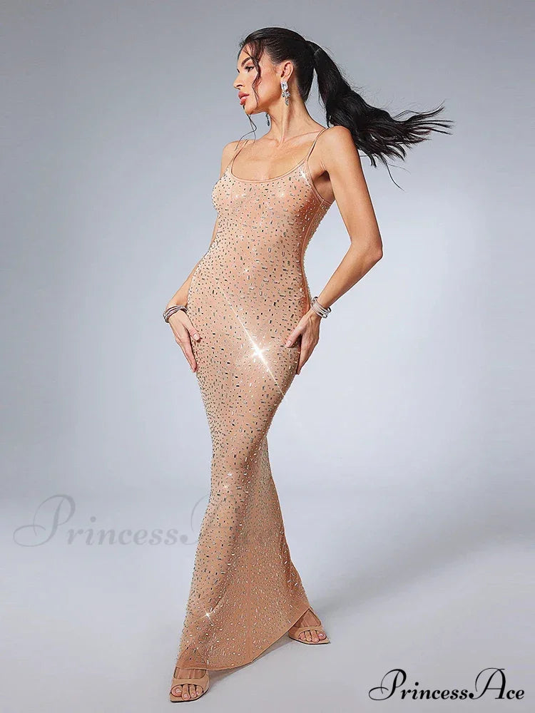 Sexy Spaghetti Strap Perspective Luxury Diamond Sleeveless See Through Christmas Party Dress Gold /