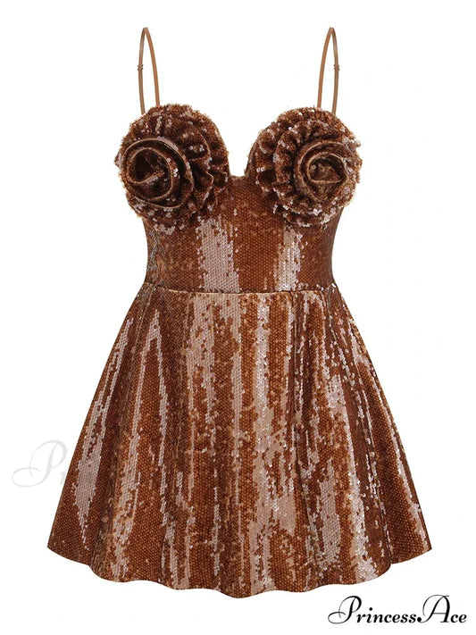 Sexy Spaghetti Strap Sequins Flower Mini A-Line Backless Christmas Party Dress Brown / Xs Dresses-L