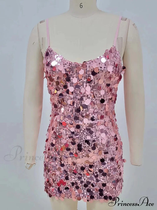 Sexy Spaghetti Strap Shiny Sequins Mini Dress Women Pink Christmas Party / Xs Dresses-L