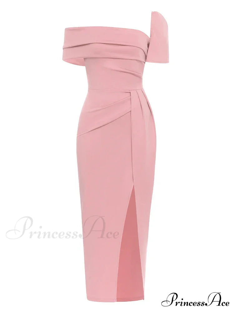 Sexy Square Collar Folds Design Long Dress Short Sleeves Christmas Party Pink / S Dresses-L