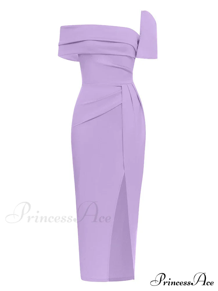 Sexy Square Collar Folds Design Long Dress Short Sleeves Christmas Party Purple / S Dresses-L