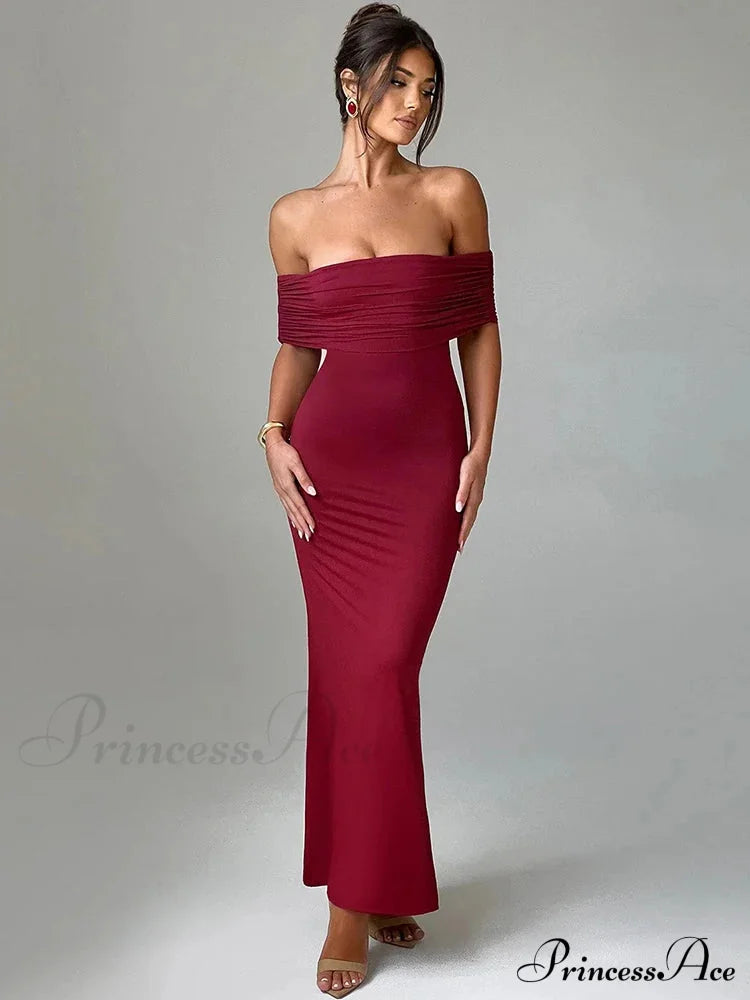 Sexy Strapless Backless Maxi Dress - Solid Off-Shoulder Sleeveless Bodycon Christmas Party Dresses-L